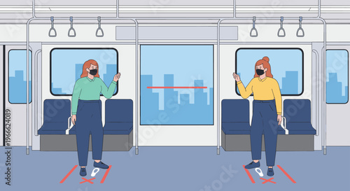 People wearing masks and practicing social distancing while standing on floor markers inside a public subway train carriage.