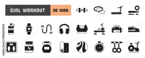 20 Girl Workout Glyph Icon Illustration Set