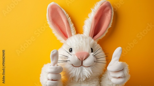 Cheerful easter bunny mascot costume giving thumbs up on yellow background for celebrations