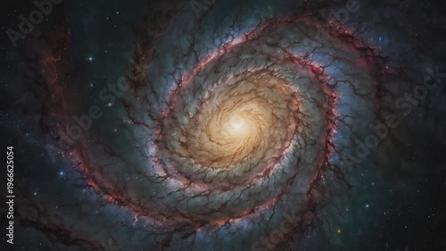 A stunning spiral galaxy in the darkness of outer space. Its center radiates a warm, bright golden yellow light.