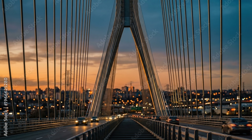 Fototapeta premium Contemporary cable-stayed bridge with vehicle traffic at sunset. Modern urban infrastructure and transportation concept for city commuting.