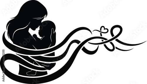 Mother holding baby with decorative flowing hair, silhouette vector illustration.
