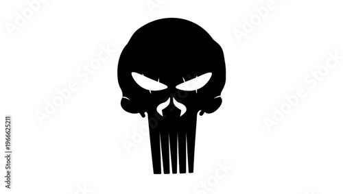 a symbol of a human skull with long teeth, black isolated silhouette