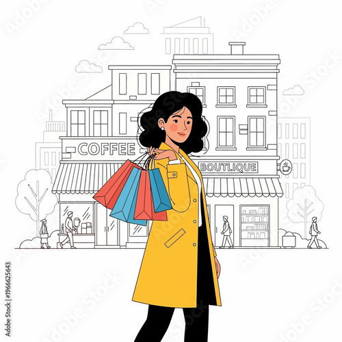 Woman with Shopping Bags in City Street, Fashion Boutique and Coffee Shop