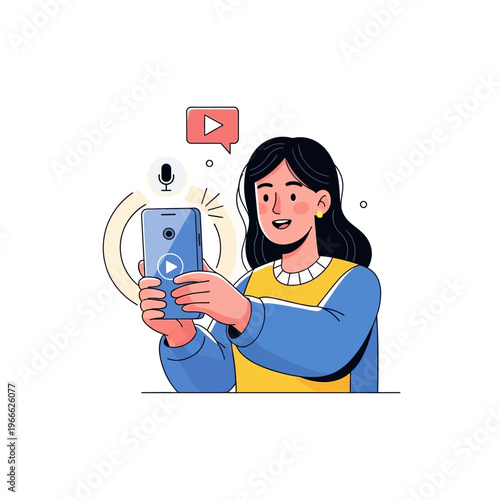 Young woman recording video blog on smartphone, content creation, vlogging concept