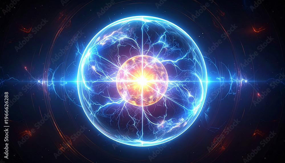 Fototapeta premium Abstract background with glowing circles and light waves featuring a blue plasma sphere and fractal energy lines on a black science technology backdrop