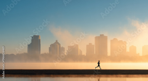 man jogging in city park at sunrise with copy space. Morning walk concept.