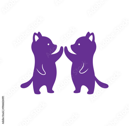Purple cartoon raccoons touching hands standing on two legs facing each other
