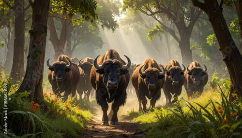A herd of black and white dairy cattle grazes on the lush green grass of a rural farm meadow under a clear blue sky