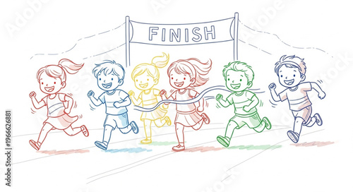 Children Running Race Towards Finish Line Colorful Sketch.