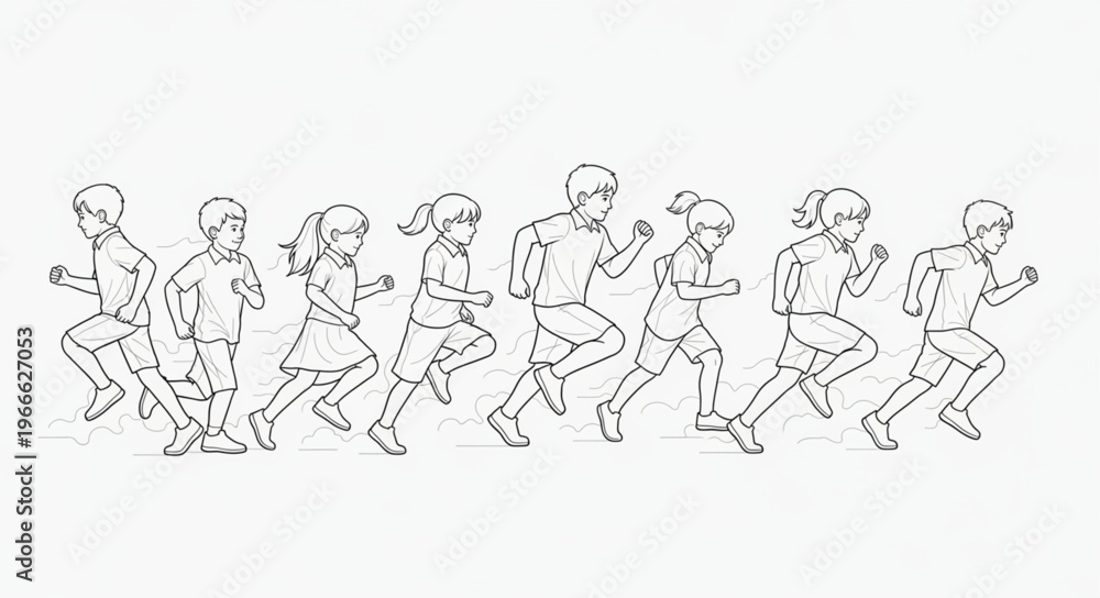 Naklejka premium Children Running Sequence Motion Study Line Art.