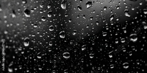 Raindrops cling to a dark surface, creating reflective patterns.