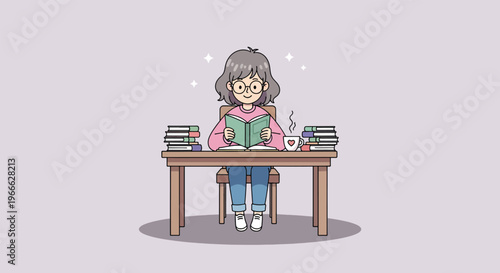A young woman engrossed in reading a book at a wooden desk surrounded by stacks of books.