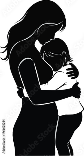 Mother carrying child in protective hug silhouette graphic.