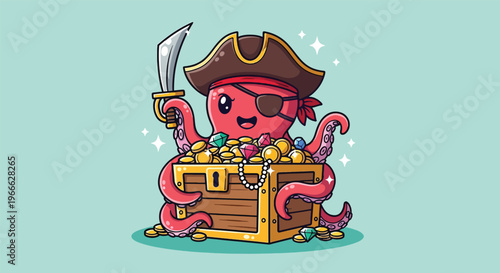 Adorable Cartoon Octopus Pirate Guarding Golden Treasure Chest.