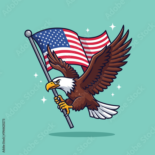 Bald Eagle Flying with American Flag Vector Illustration.