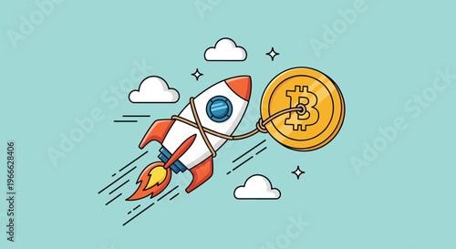 Bitcoin Rocket Launching to the Moon with Clouds.