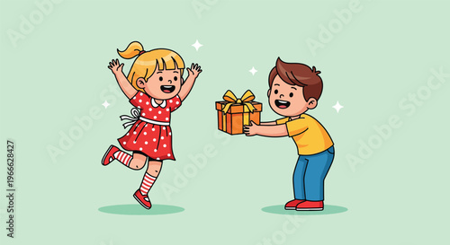 Boy giving a gift to a happy girl.
