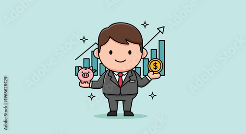 Businessman holding piggy bank and coin with growth chart Illustration.