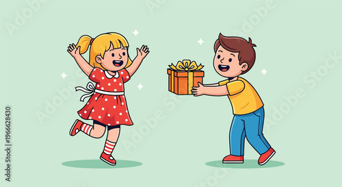 Boy Giving Gift to Excited Girl.