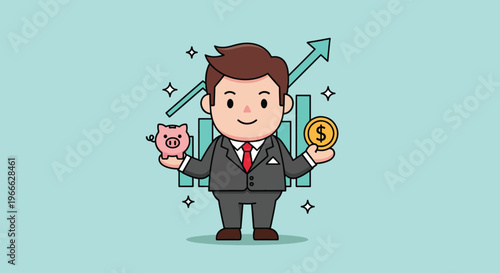Businessman holding piggy bank and coin with growth chart Vector Illustration.