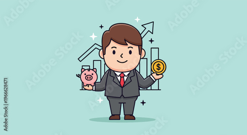 Businessman holding piggy bank and coin with growth chart.