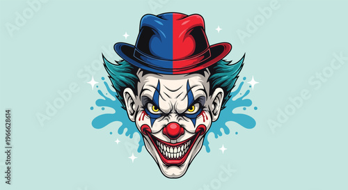 Creepy Clown Face with Hat and Evil Grin.