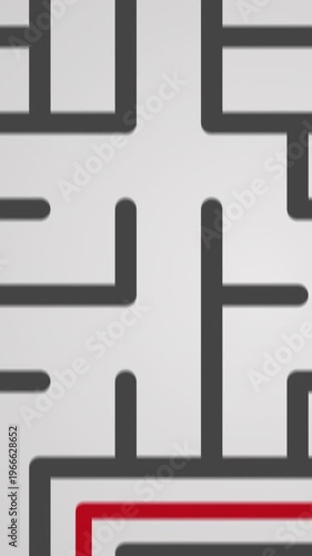 top view of a maze with a red line that show the solution, 2d flat style, vertical video