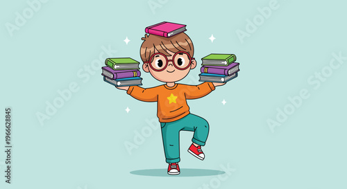 Cute Boy Balancing Books on Head and Hands.