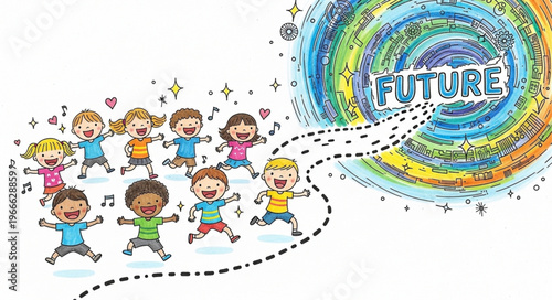 Children Running Towards a Bright Future Symbolized by a Colorful Spiral.