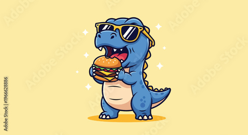 Cute Blue Dinosaur Wearing Sunglasses Eating a Delicious Burger.