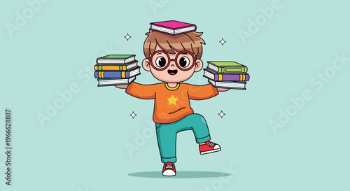 Cute Boy Balancing Stack of Books on Head and Arms Vector Illustration.