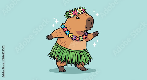 Cute Capybara Dancing Hula with Flower Lei and Grass Skirt.