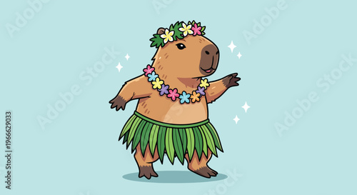 Cute Capybara Dancing Hula with Flower Lei and Skirt Vector Illustration.