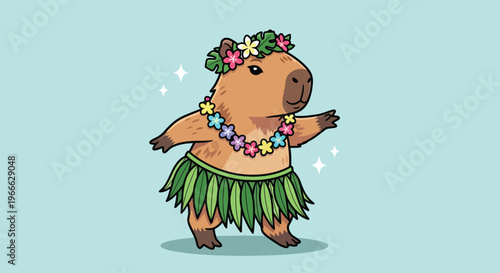 Cute Capybara Dancing Hula with Flower Lei and Skirt.