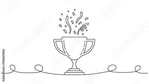 A simple line drawing of a trophy with confetti on transparent background