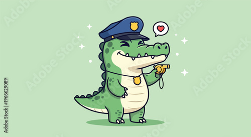 Cute cartoon alligator police officer holding a whistle with a happy expression.