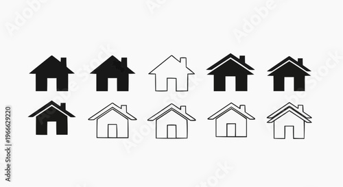 Set of minimalist house icons, real estate home symbols in black and white line art.