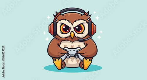 Cute Cartoon Owl Gamer with Headset and Controller.