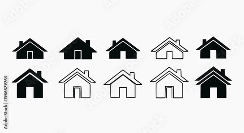 Set of minimalist house icons, real estate home symbols in black and white line art.