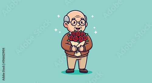 Cute Grandfather Holding a Bouquet of Red Roses.