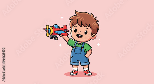 Cute Little Boy Playing with Toy Airplane Cartoon Vector Icon Illustration.