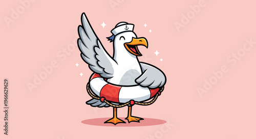 Cute Seagull Wearing a Sailor Hat and Lifebuoy.