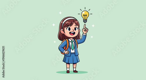 Cute School Girl With Light Bulb Idea.