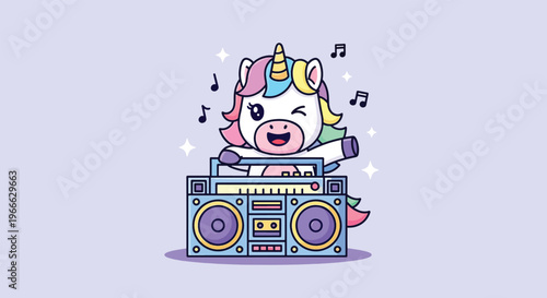 Cute Unicorn DJ Playing Music on Boombox.