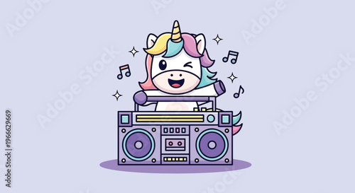 Cute Unicorn DJ with Boombox and Music Notes.