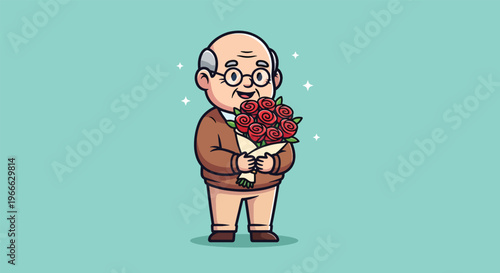 Happy elderly man holding a beautiful bouquet of red roses.