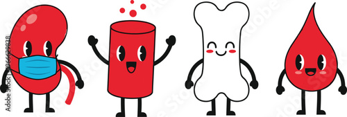 Cute cartoon human body organs characters set with kidney, blood vessel, bone, and blood drop, kawaii style mascot illustration for health education