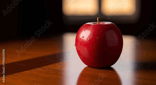 A shiny red apple sitting on a wooden table by a window fruit light healthy food nature still life illustration