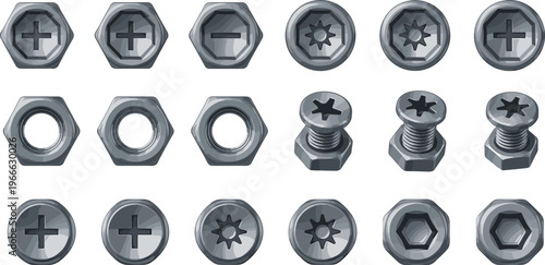 High resolution metallic screw heads, nuts, and bolts collection arranged in grid format showcasing diverse fastener types for construction and engineering